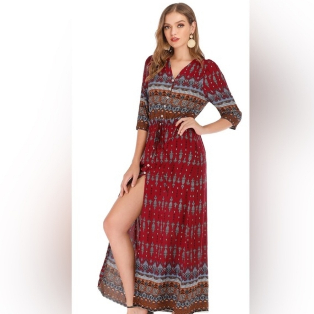 Bohemian Red Maxi Dress Button Front Print Slit Boho Duster Cardigan Casual XL - Picture 2 of 12